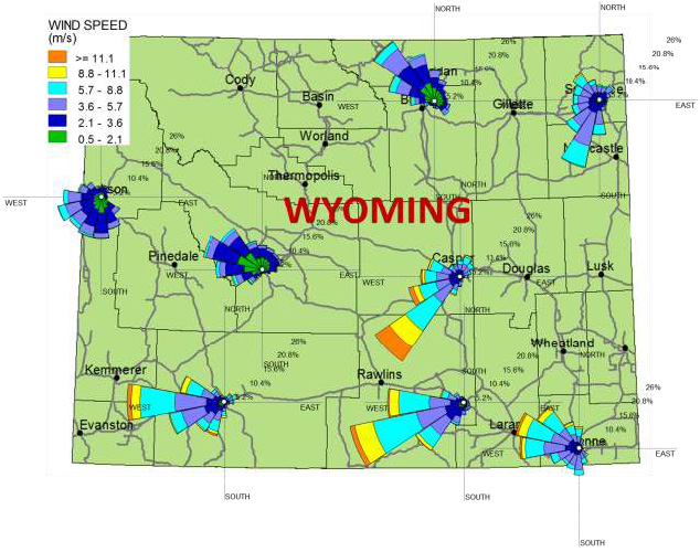 Map of snow roses at eight locations in Wyoming